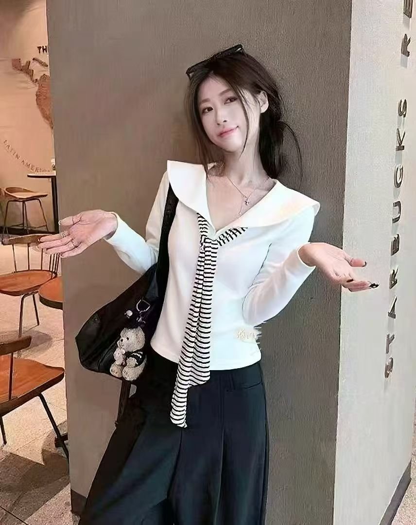 Vapetix Free Size-Free Size Women's Vintage Striped Navy Collar with Ribbon Youthful Design Long-Sleeve T-Shirt in Autumn Korea – Bild 4