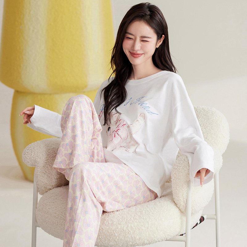 Vapetix M-XXL Women's Autumn New Cotton-Like Round Neck Pullover Long Sleeve Long Pants Pajama Set, Wearable Outs - 图片 2