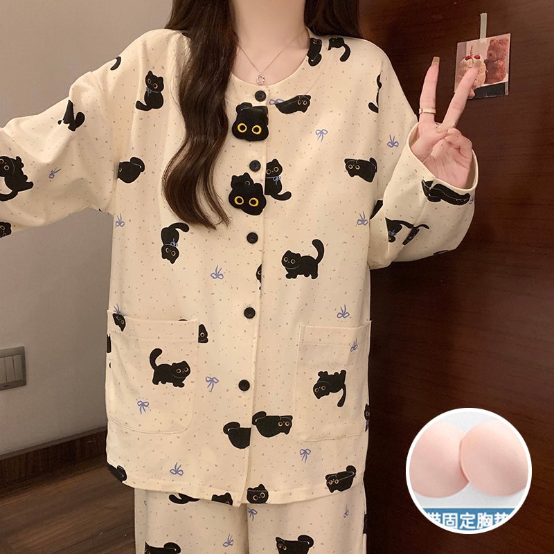 Vapetix M-XXL Women's 2025 Autumn 180g Cotton-Blend Blouse with Collar, Long Sleeve, Long Pants Pajama Set with B – Bild 2