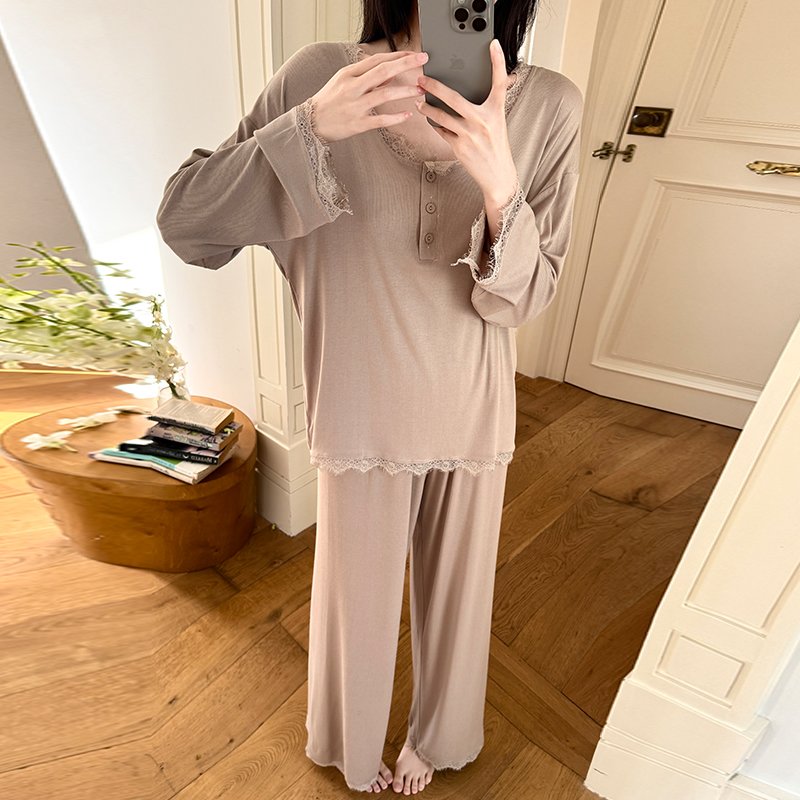 Vapetix M-XXL Orange Heart 【Batch 14】Autumn New Cotton Lining Pajamas Set for Women Sweet Lace Edge Loose Two-Pie - 图片 2