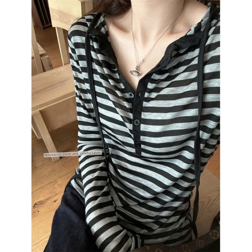 Vapetix M-XL Starlight All Shipped Ribbed Contrast Striped Hooded Long-Sleeve T-Shirt for Women Casual Minimalis