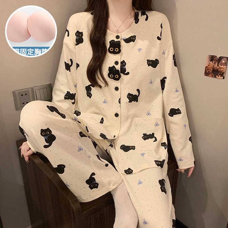 Vapetix M-XXL Women's 2025 Autumn 180g Cotton-Blend Blouse with Collar, Long Sleeve, Long Pants Pajama Set with B – Bild 3