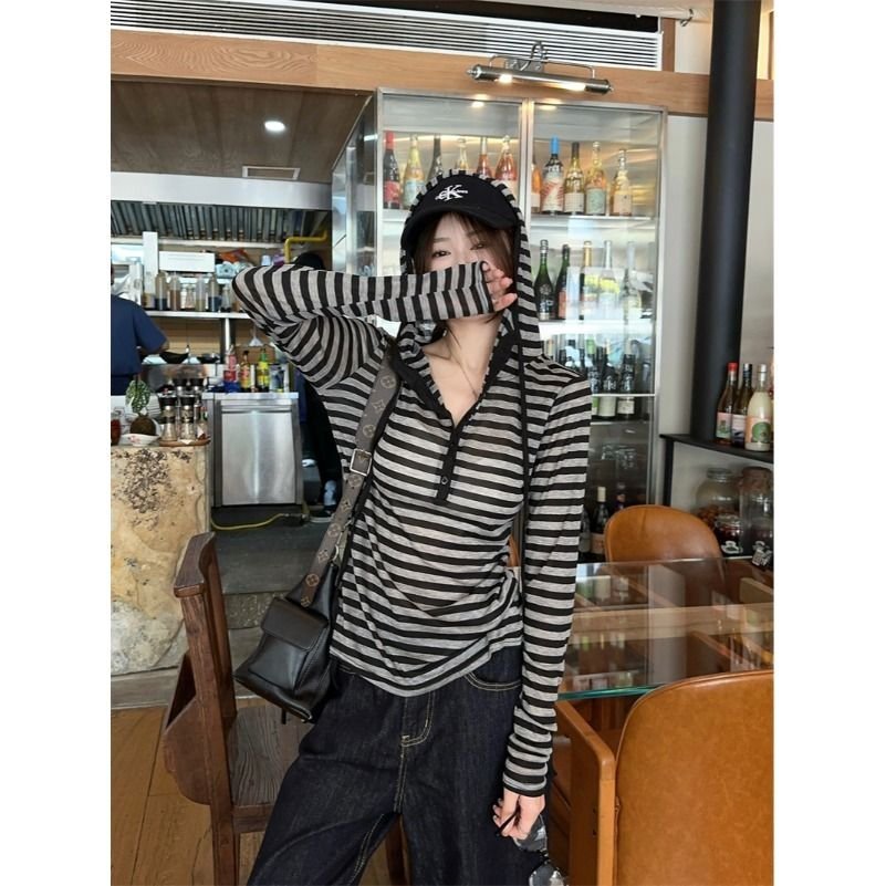 Vapetix M-XL Starlight All Shipped Ribbed Contrast Striped Hooded Long-Sleeve T-Shirt for Women Casual Minimalis – Bild 2