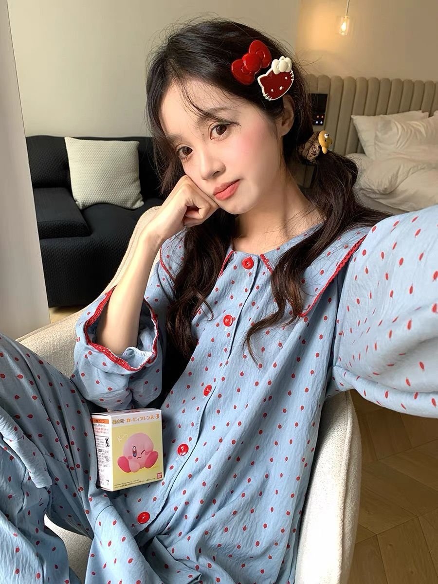 Vapetix M-XXL Baby Collar Blueberry Jam Polka Dot Sleepwear Set for Women Cloud Cotton Spring and Autumn Season L