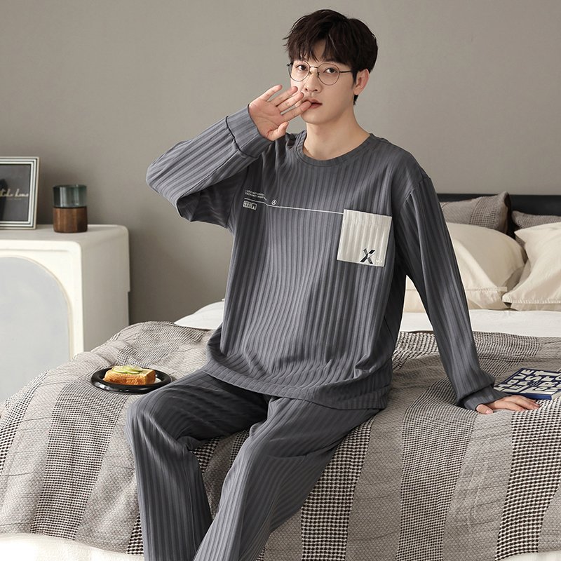 Vapetix L-XXXL New Autumn Cotton-Imitation Men's Drawstring Crew Neck Pullover Long-Sleeve Long Pants Pajamas Set