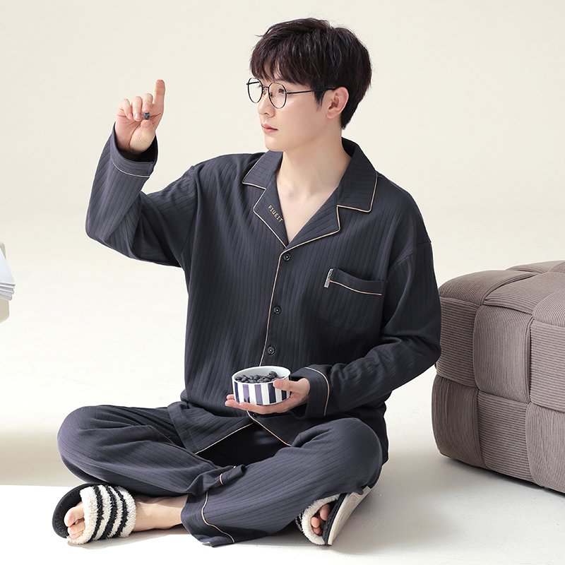 Vapetix L-4XL New Autumn Cotton-Imitation Men's Large Stripe Polo Collar Sweatshirt Long Sleeve Long Pants Pajama