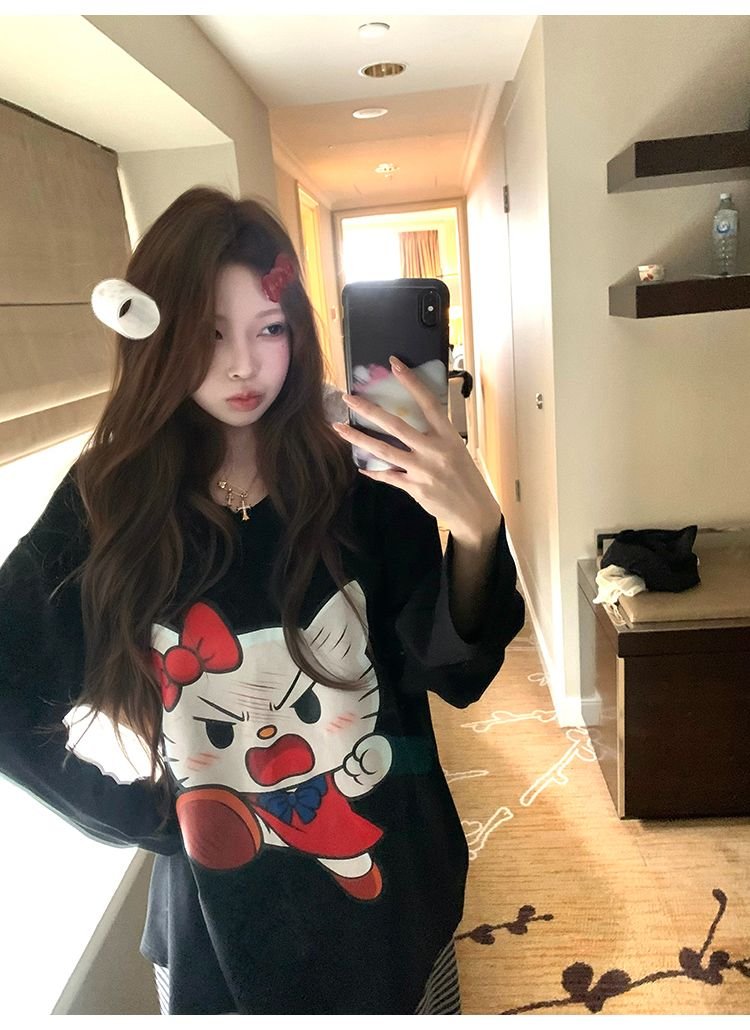 Vapetix S-XL Korean chic early autumn new snowflake cotton black long-sleeved round neck t-shirt for women loose – Bild 2