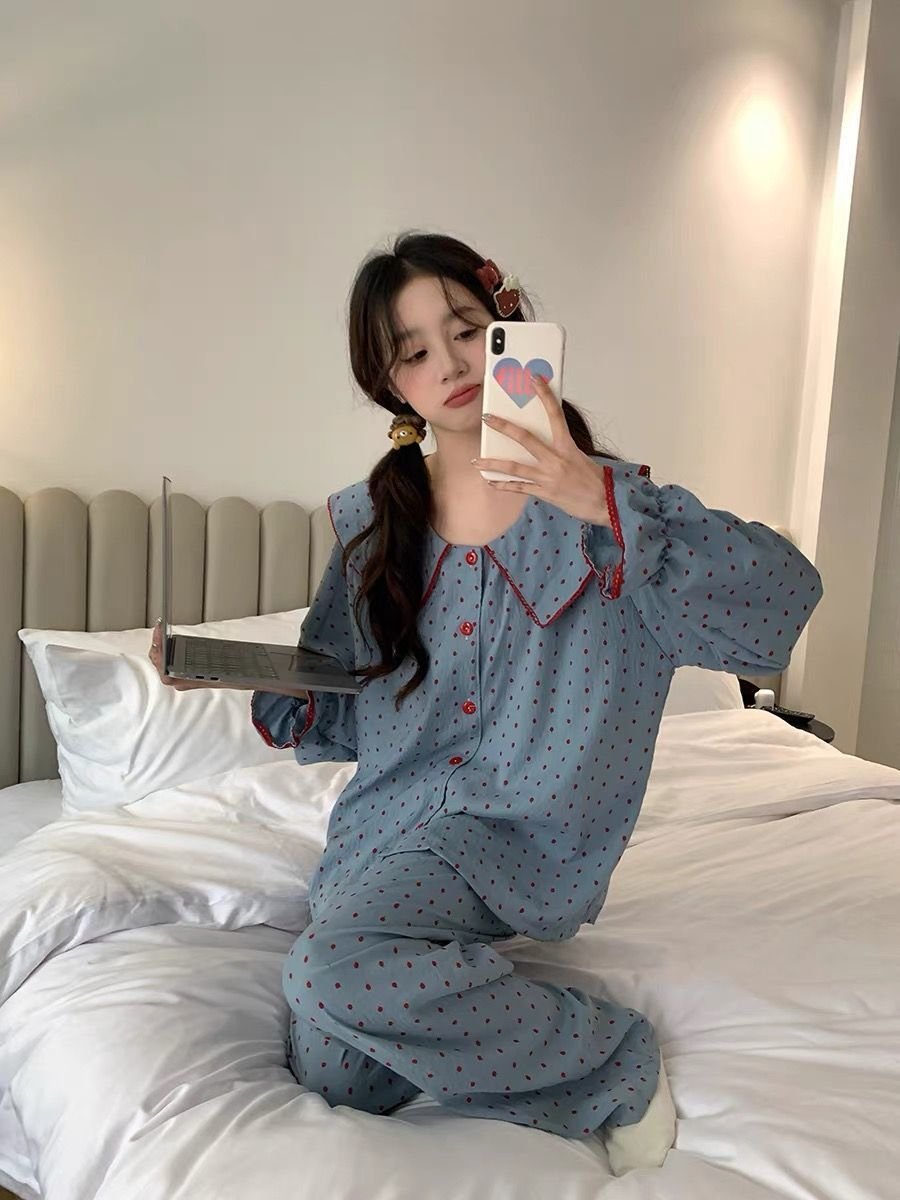 Vapetix M-XXL Baby Collar Blueberry Jam Polka Dot Sleepwear Set for Women Cloud Cotton Spring and Autumn Season L - 图片 2