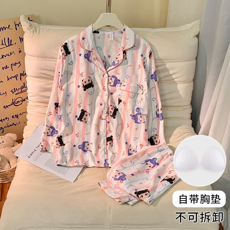 Vapetix M-XXL Women's Autumn New Pajama Set with Bra Cup Knitted Cloud Cotton Cardigan Sweet Long Sleeve Home Wea – Bild 5