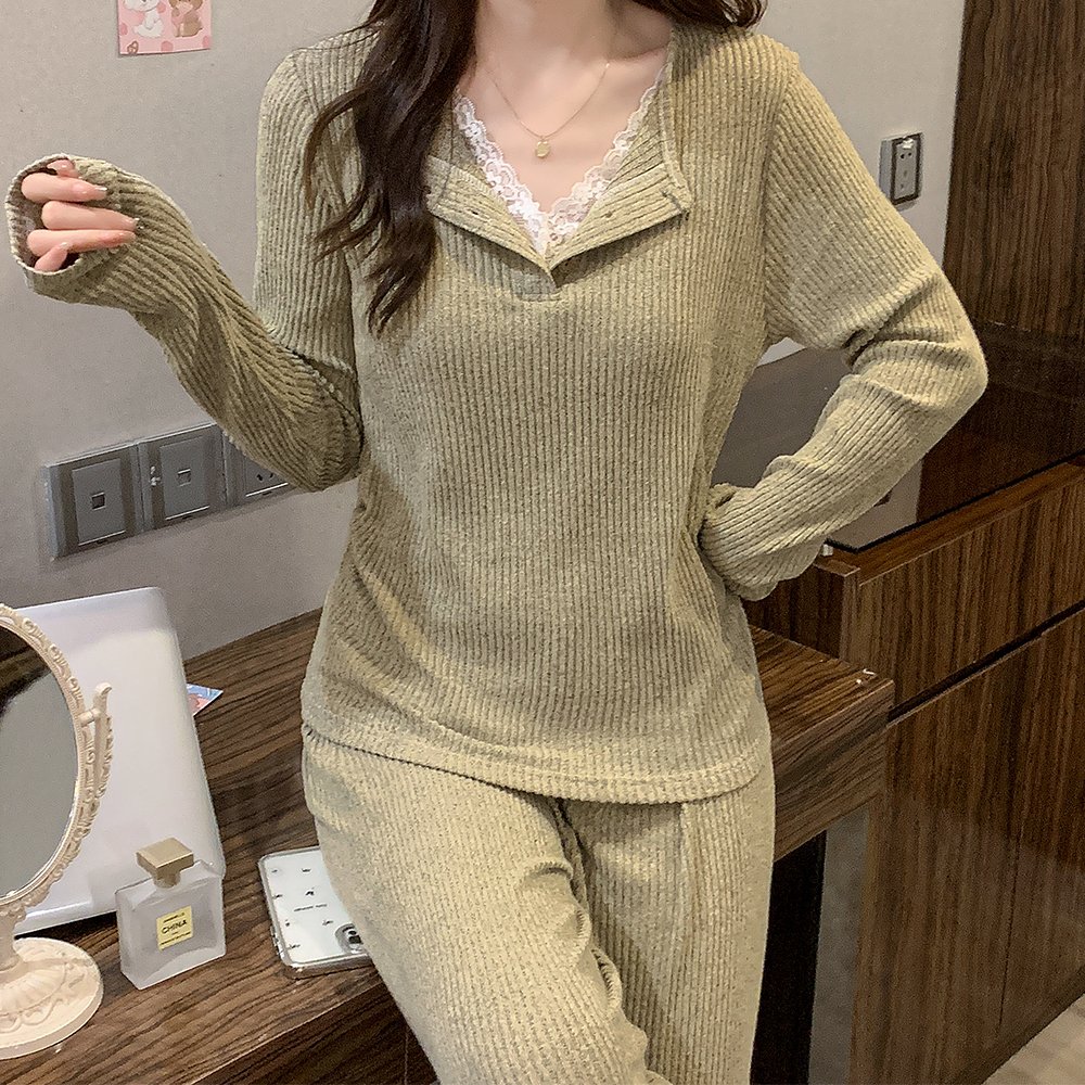 Vapetix M-XXL Cashmere Korean-style casual fixed-cup sleepwear with V-neck lace, plain cashmere ribbed hole strip – Bild 5