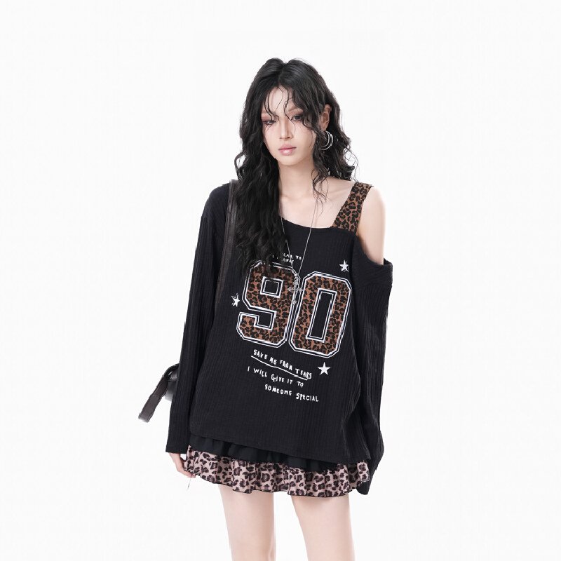 Vapetix S-XL Korean chic new original fabric American retro leopard print halter strap sleeveless long-sleeve to – Bild 4