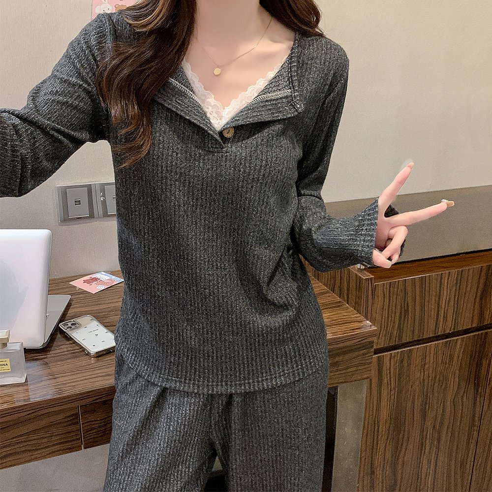 Vapetix M-XXL Cashmere Korean Style Casual Fixed-Chest Padded Pajamas Autumn/Winter V-Neck Lace Solid Color Cashm