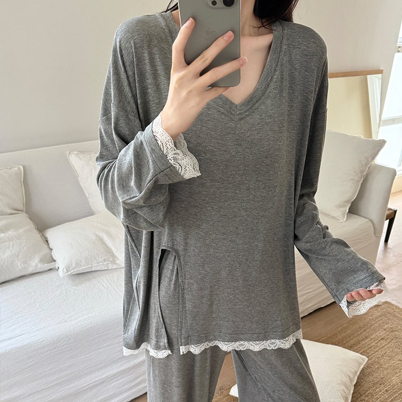 Vapetix M-XXL Orange Heart 【Batch 14】Autumn New Cotton Lined Pajamas Set for Women Sweet Lace Edge Loose Two-Piec