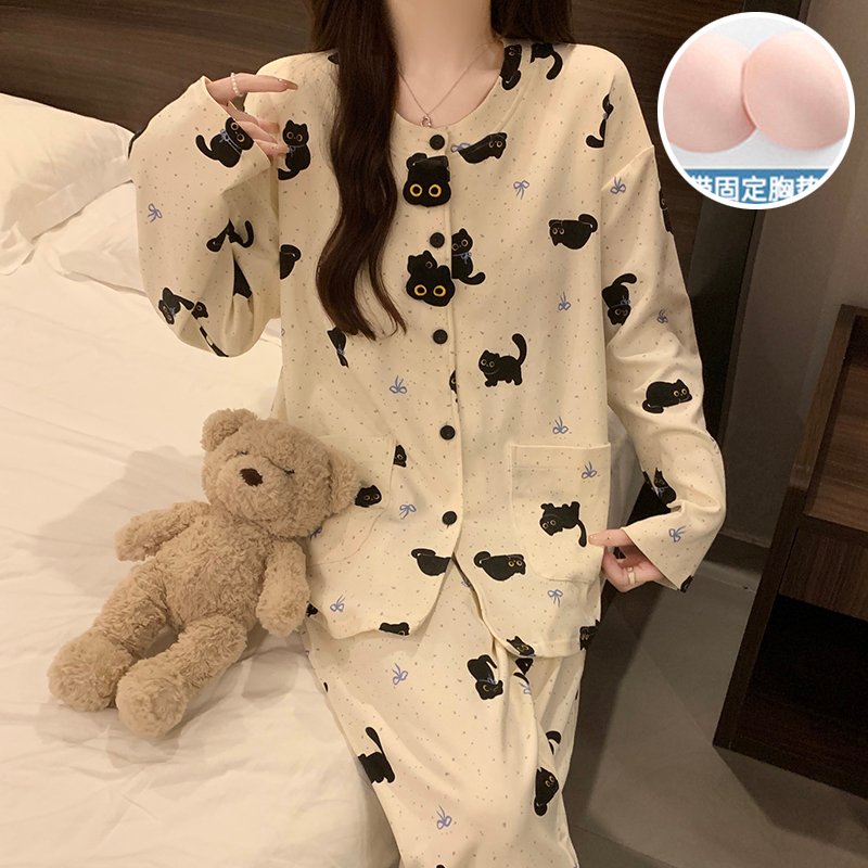 Vapetix M-XXL Women's 2025 Autumn 180g Cotton-Blend Blouse with Collar, Long Sleeve, Long Pants Pajama Set with B – Bild 4