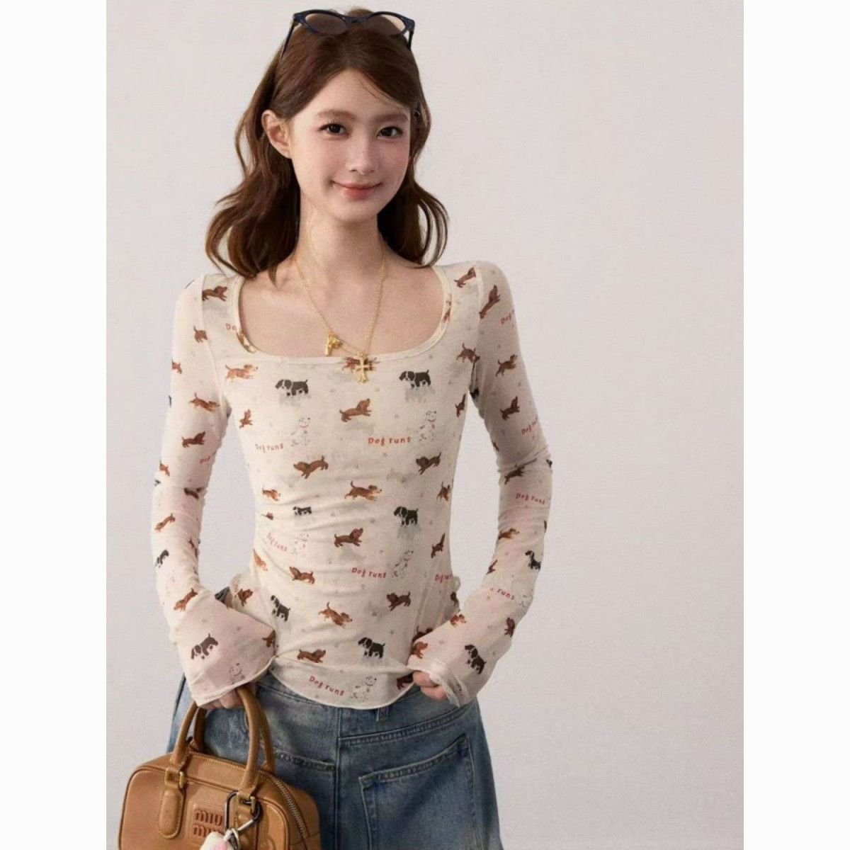 Vapetix M-XL Starry Sky shipped—Ribbed, dog-printed U-neck slim-fit vintage long-sleeve T-shirt for women – Bild 5