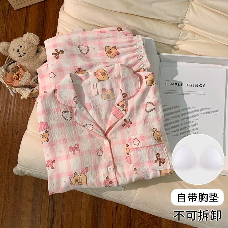 Vapetix M-XXL Women's Autumn New Sleepwear Set with Built-in Bralette, Woven Cloud Cotton Cardigan, Sweet Long-Sl