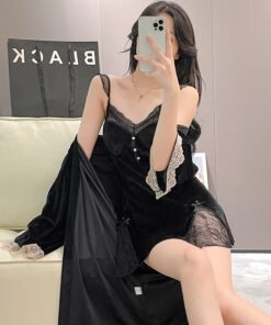 Vapetix 160(M)-170(XL)  Autumn/Winter Velvet Pajamas Set for Women - Sensual Casual Robe with Lace Fixed Breast Pads, Two-P