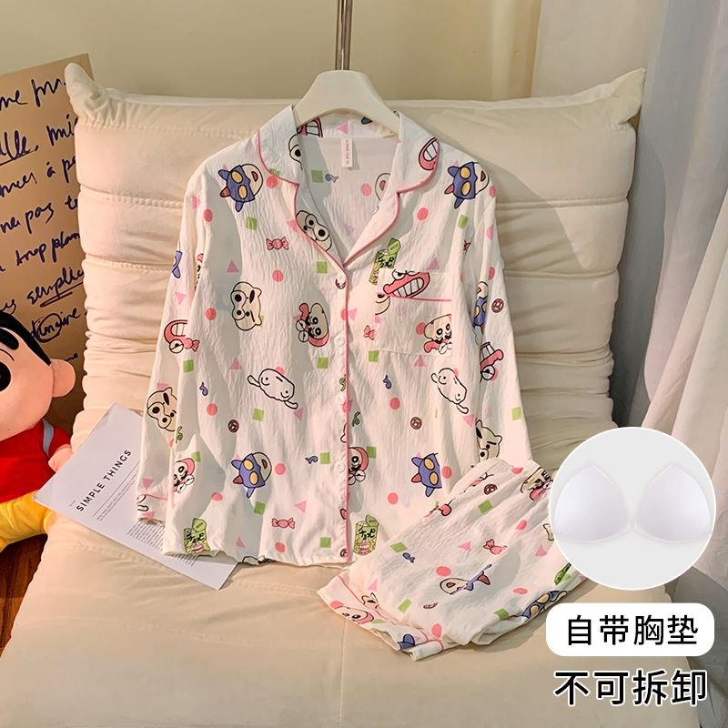 Vapetix M-XXL Women's Fall New Sleepwear Set with Bra Cup Knitted Cloud Cotton Cardigan Sweet Long Sleeve Homecom - 图片 2