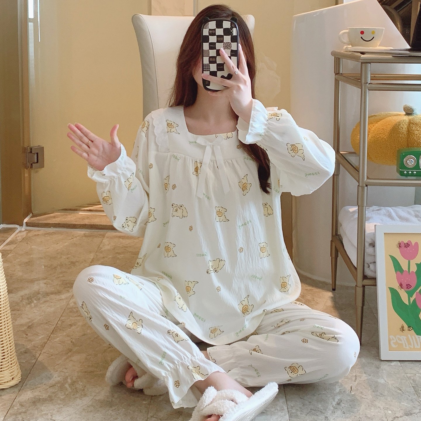 Vapetix M-XXL Jo Mengran 2025 Autumn Cloud Cotton Square Collar Long Sleeve Long Pants Pajama Set for Women Princ – Bild 3