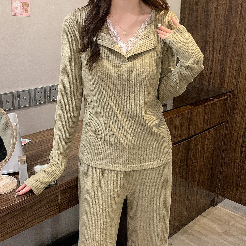 Vapetix M-XXL Cashmere Korean-style casual fixed-cup sleepwear with V-neck lace, plain cashmere ribbed hole strip – Bild 2