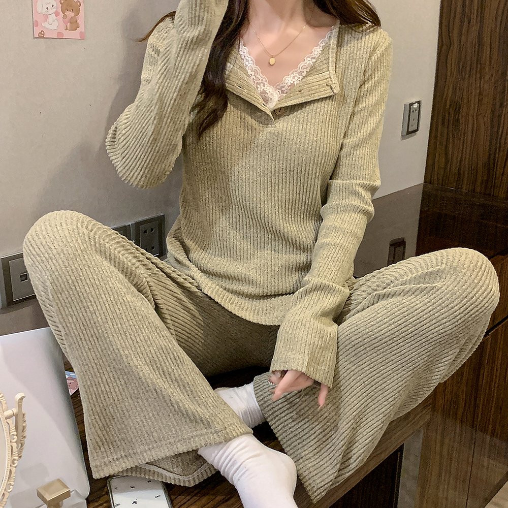 Vapetix M-XXL Cashmere Korean-style casual fixed-cup sleepwear with V-neck lace, plain cashmere ribbed hole strip – Bild 3