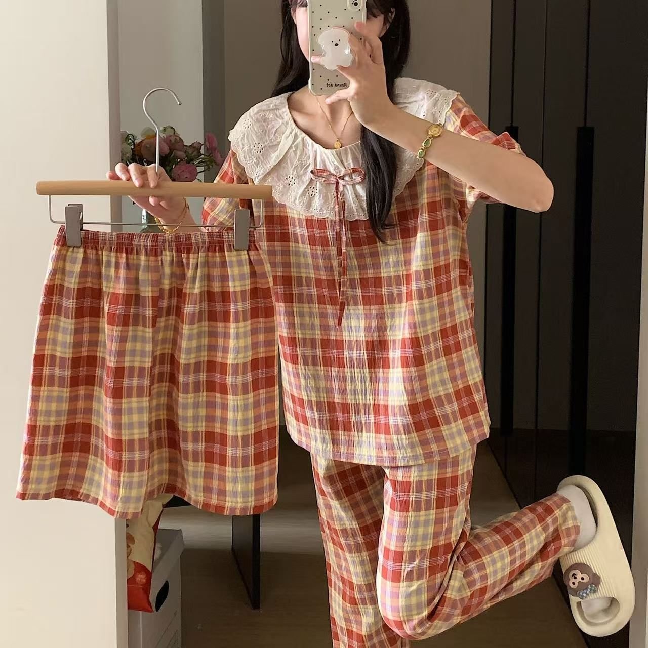 Vapetix M-XXL Live-streaming influencer cloud cotton short-sleeved shorts long pants three-piece set large lapel - 图片 2