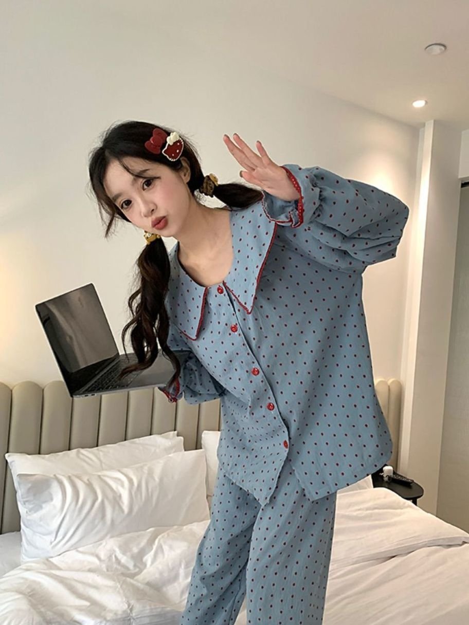 Vapetix M-XXL Baby Collar Blueberry Jam Polka Dot Sleepwear Set for Women Cloud Cotton Spring and Autumn Season L - 图片 3