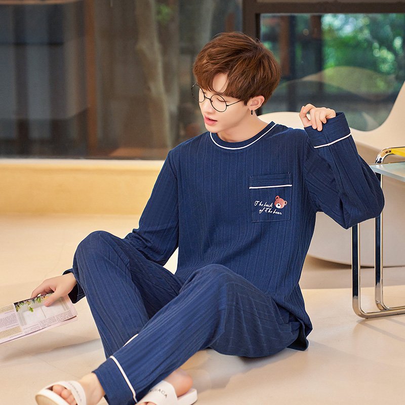 Vapetix L-4XL Autumn New Cotton-Like Men's Drawstring Crew Neck Pullover Long-Sleeve Long Pants Pajama Set for Me - 图片 3