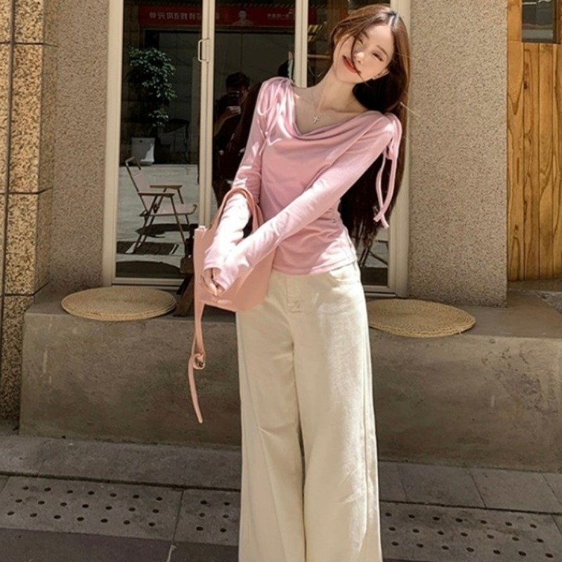 Vapetix S-XL Modest Cotton 260g Bowknot Strapped Off-the-Shoulder Long Sleeve T-shirt for Women - 2025 Autumn Ne – Bild 4