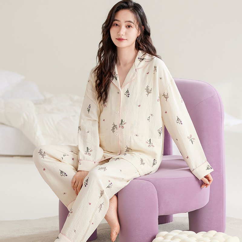 Vapetix M-XXL Women's Cloud Cotton Gauze Cardigan Sleepwear Set for Spring and Autumn, Postpartum and Pregnancy, - 图片 4