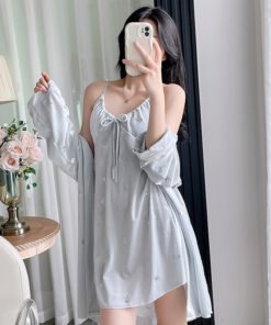 Vapetix 160(M)-170(XL)  Ladies' Velvet Pajama Set with Bralette, Sexy Lined Long Sleeve Robe with Silver Butterfly Embellis