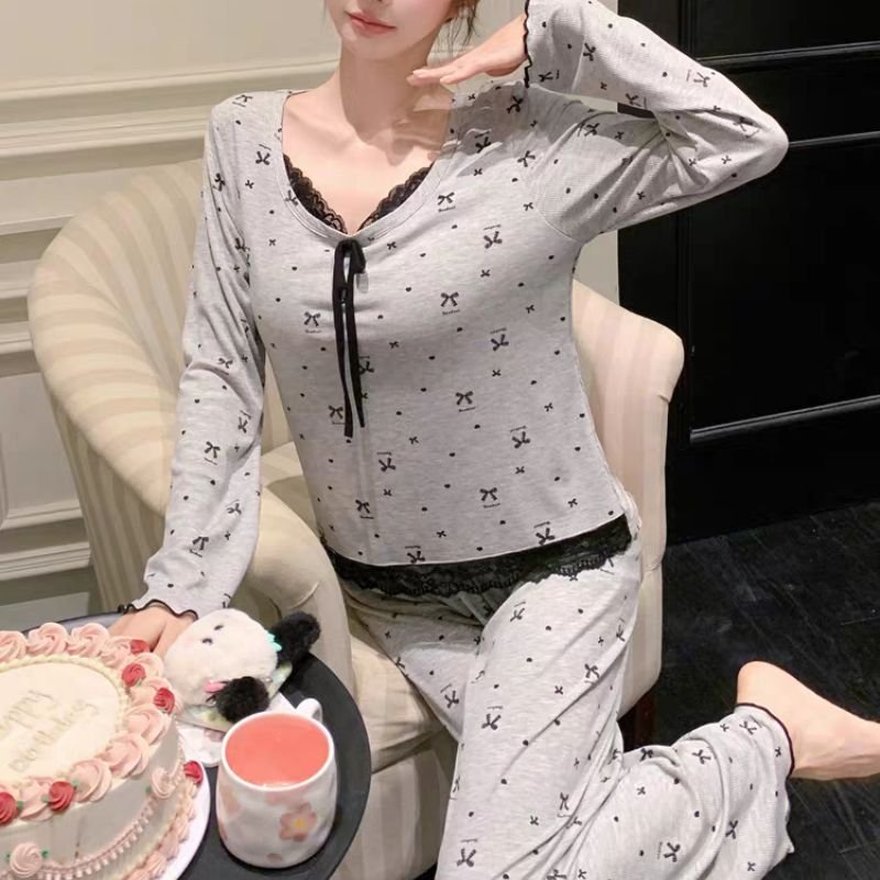 Vapetix M-XXL Spring and Autumn Floral Edge Bowknot Blouse with Breast Pads Women's Ice Silk Ribbed Long Sleeve L