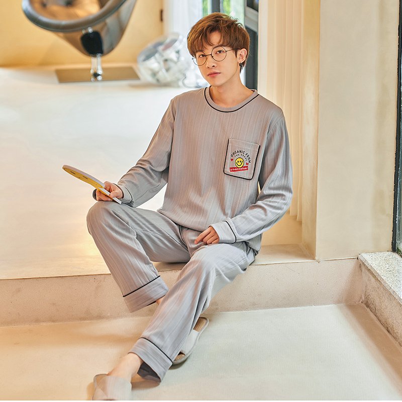 Vapetix L-4XL Autumn New Cotton-Like Men's Drawstring Crew Neck Pullover Long-Sleeve Long Pants Pajama Set for Me - 图片 3