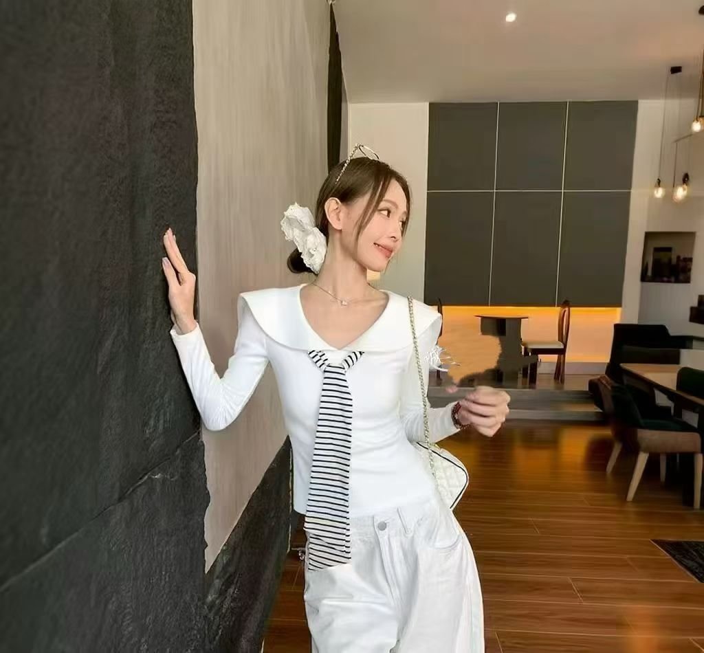 Vapetix Free Size-Free Size Women's Vintage Striped Navy Collar with Ribbon Youthful Design Long-Sleeve T-Shirt in Autumn Korea – Bild 5