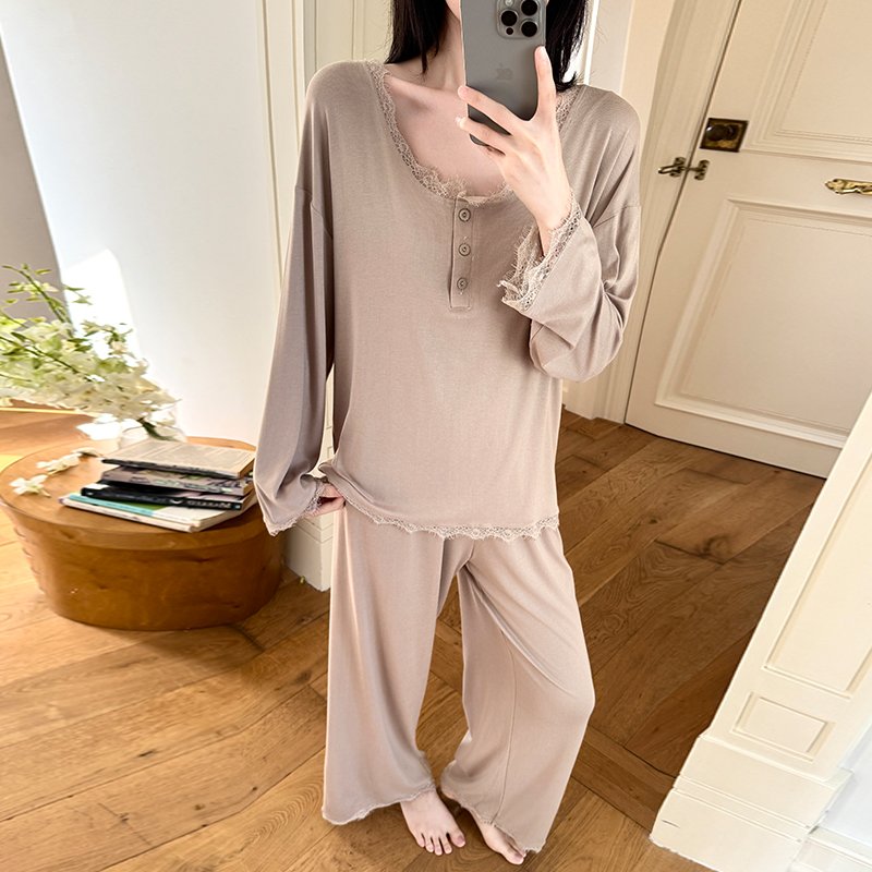 Vapetix M-XXL Orange Heart 【Batch 14】Autumn New Cotton Lining Pajamas Set for Women Sweet Lace Edge Loose Two-Pie - 图片 3