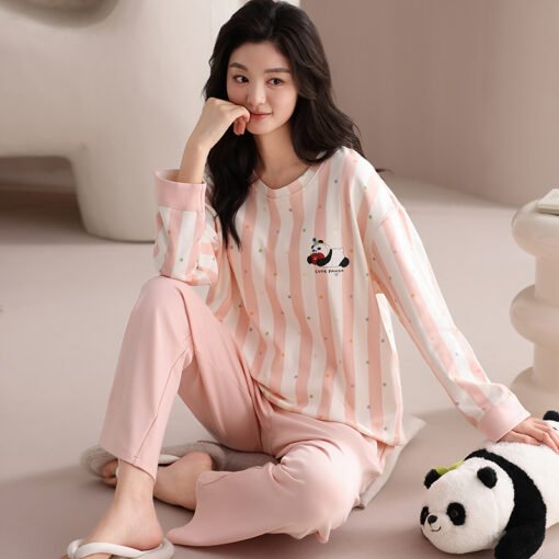 Vapetix M-XXL  New Autumn 100% Cotton Crew Neck Long Sleeve Long Pants Nightgown with Built-in Bralette for Women