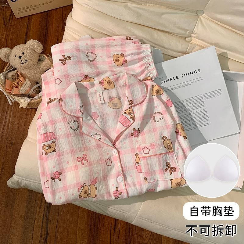 Vapetix M-XXL Women's Autumn New Sleepwear Set with Built-in Bralette, Woven Cloud Cotton Cardigan, Sweet Long-Sl - 图片 2