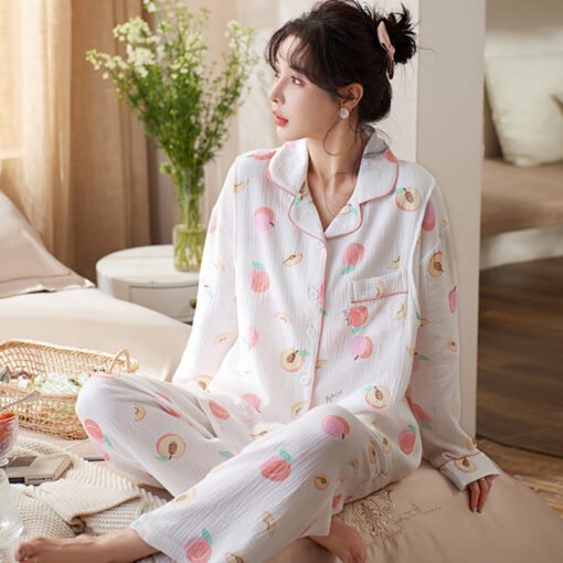 Vapetix M-XXXL  Autumn New 100% Cotton Gauze V-Neck Open-Front Long-Sleeve Long Pants Nightgown Set for Women Postp