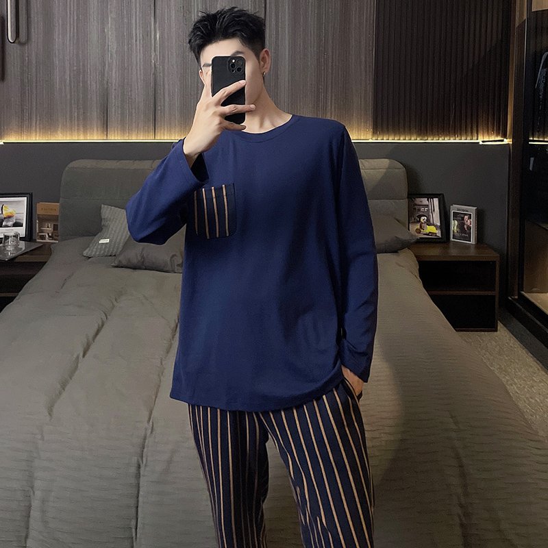 Vapetix L-XXXL Men's Spring and Autumn Winter Pajama Set with Double Pockets, Drawstring, Cotton-like Material, Ro