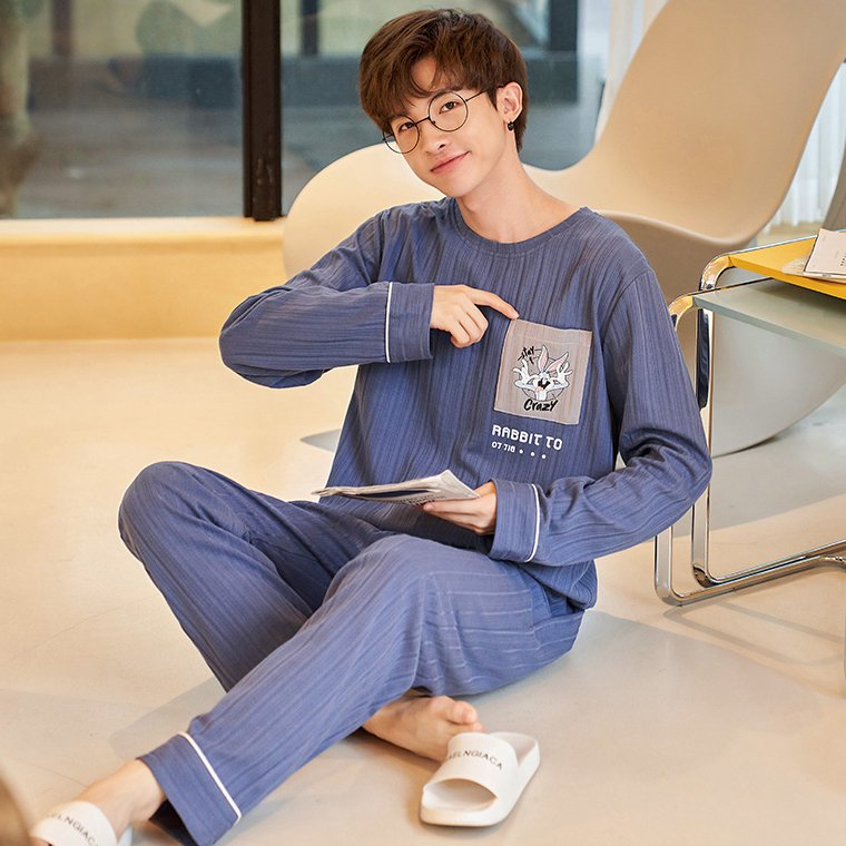 Vapetix L-4XL Autumn New Cotton-Like Men's Drawstring Crew Neck Long-Sleeve Long Pants Pajama Set for Men, Home W - 图片 5