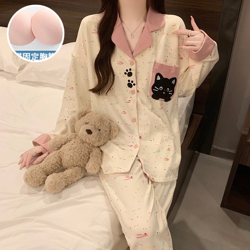 Vapetix M-XXL Women's Set: Collared Long-Sleeve Open-Front Pajama Top with Cotton-Poly Blend and Built-in Bralett – Bild 3