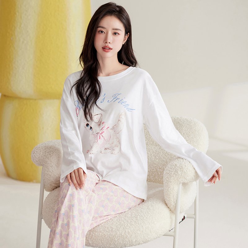 Vapetix M-XXL Women's Autumn New Cotton-Like Round Neck Pullover Long Sleeve Long Pants Pajama Set, Wearable Outs - 图片 3