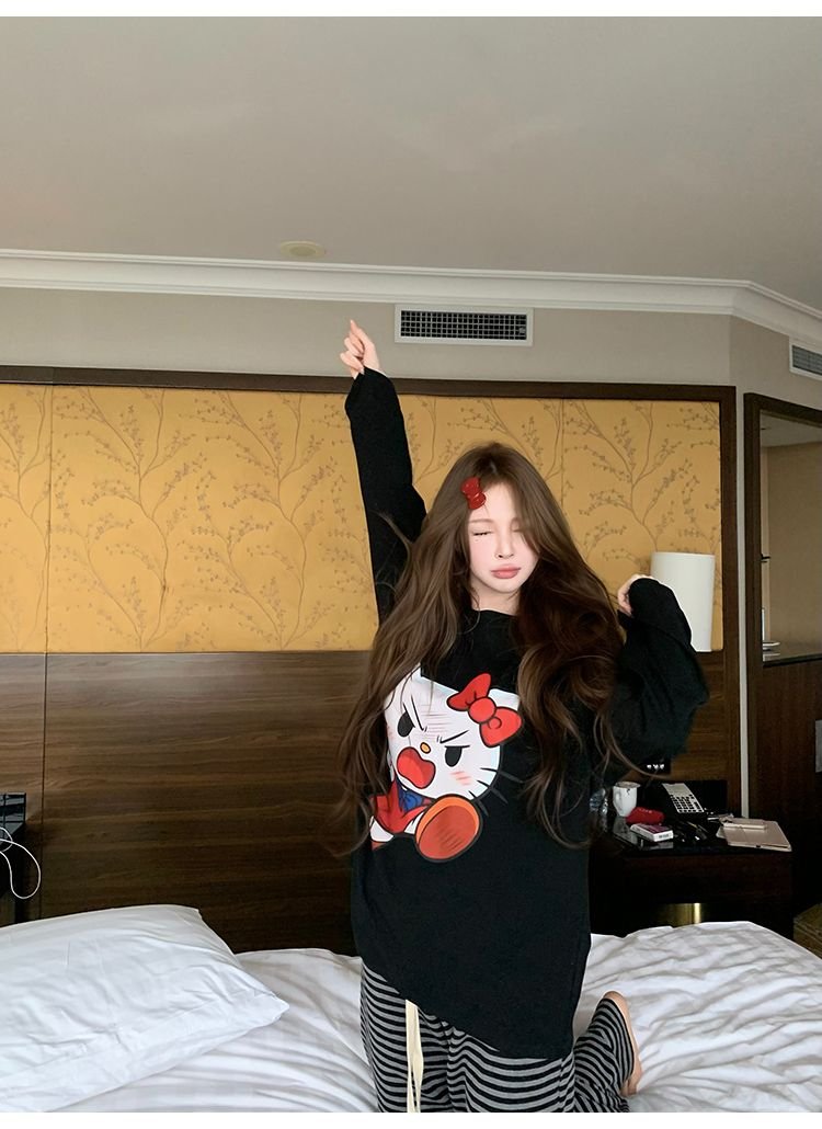 Vapetix S-XL Korean chic early autumn new snowflake cotton black long-sleeved round neck t-shirt for women loose – Bild 4