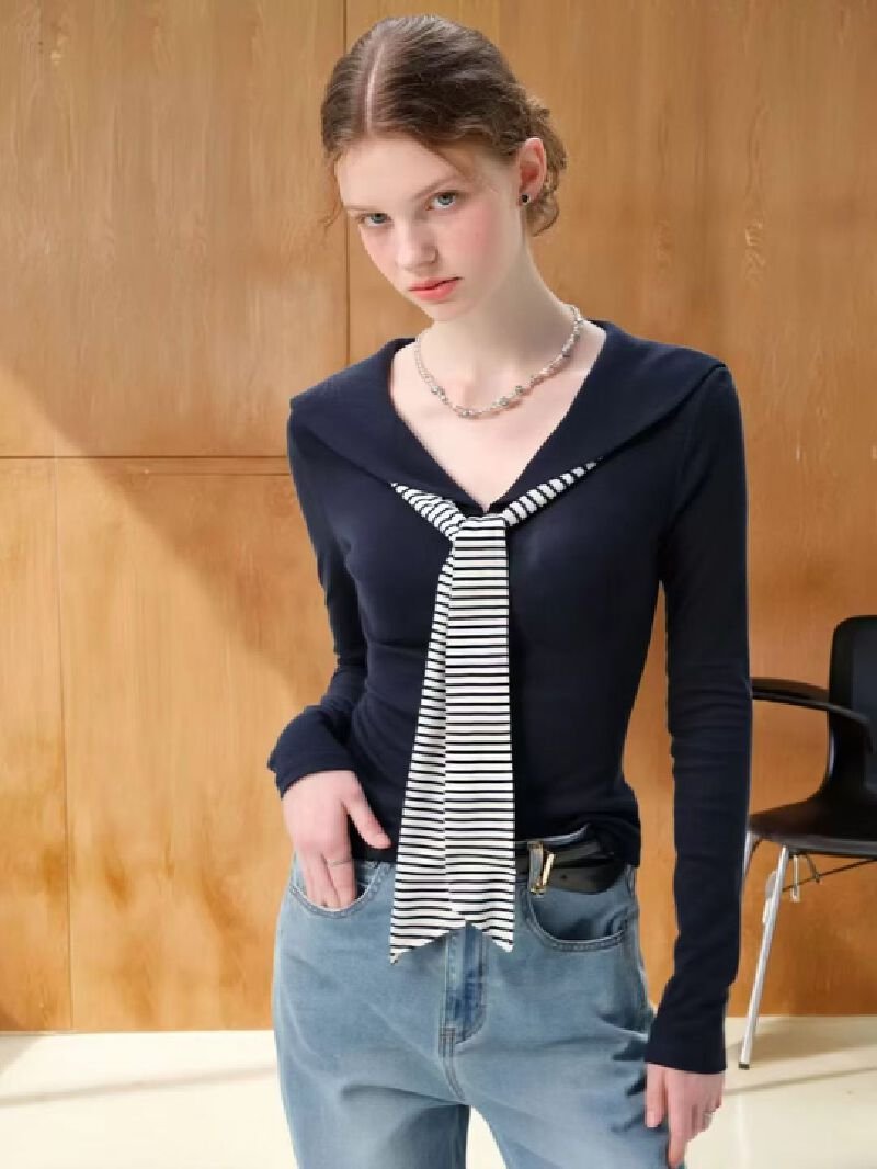 Vapetix Free Size-Free Size Women's Vintage Striped Navy Collar with Ribbon Youthful Design Long-Sleeve T-Shirt in Autumn Korea – Bild 6
