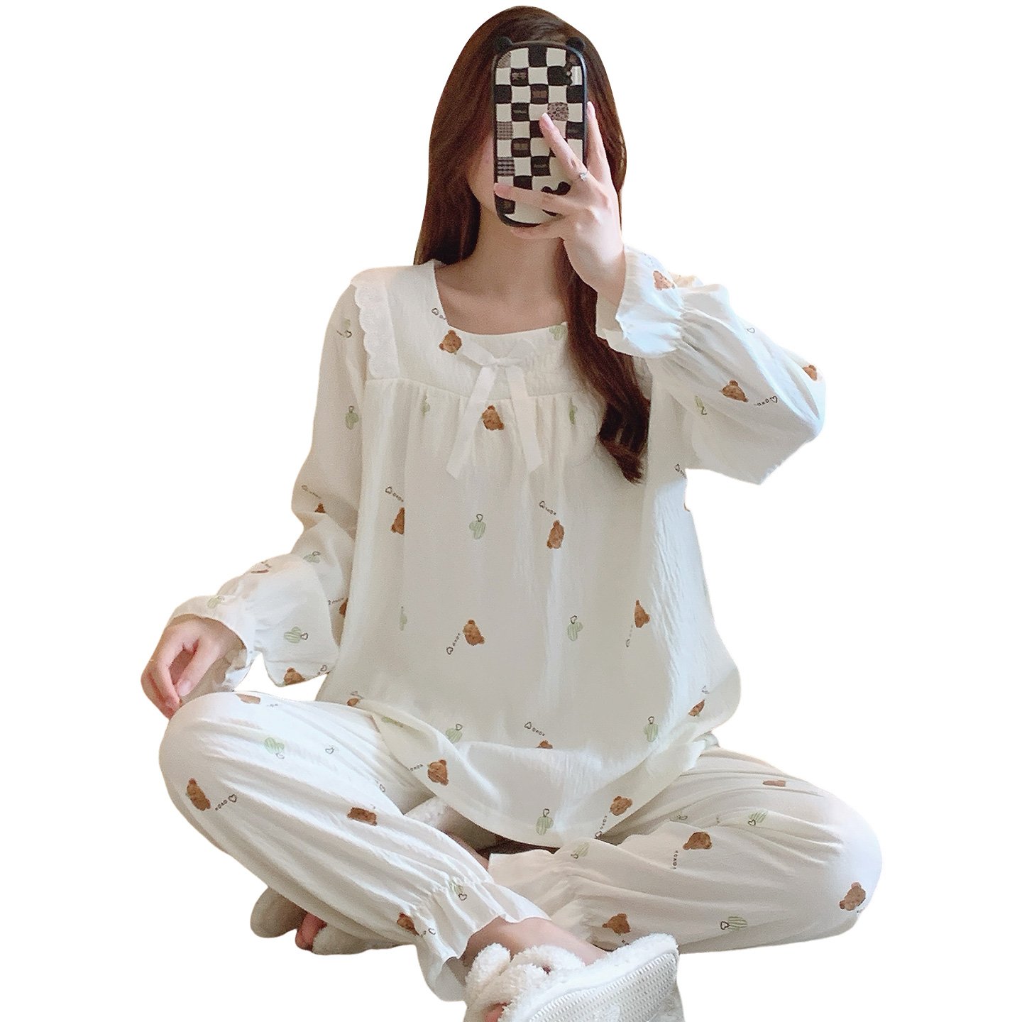 Vapetix M-XXL Qiao Mengran 2025 Autumn Cloud Cotton Square Collar Long Sleeve Long Pants Nightgown Set for Women – Bild 3