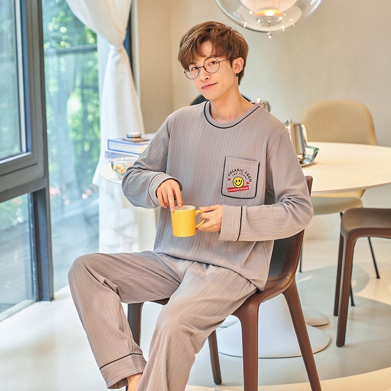 Vapetix L-4XL Autumn New Cotton-Like Men's Drawstring Crew Neck Pullover Long-Sleeve Long Pants Pajama Set for Me - 图片 5