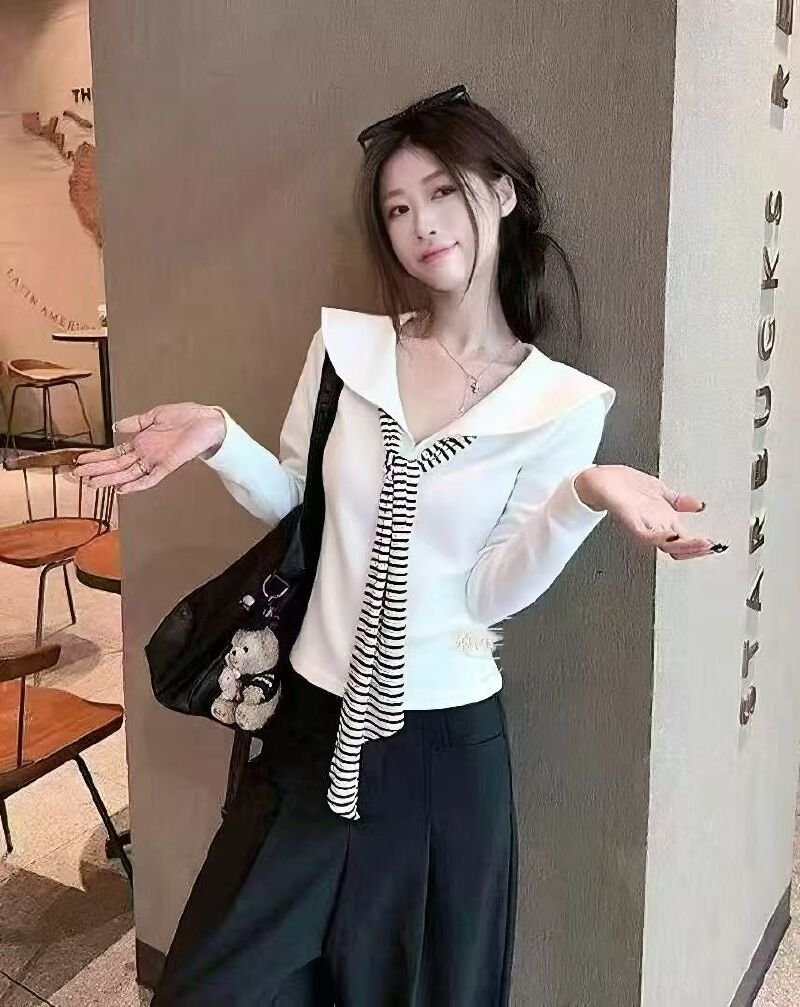 Vapetix Free Size-Free Size Women's Vintage Striped Navy Collar with Ribbon Youthful Design Long-Sleeve T-Shirt in Autumn Korea – Bild 7