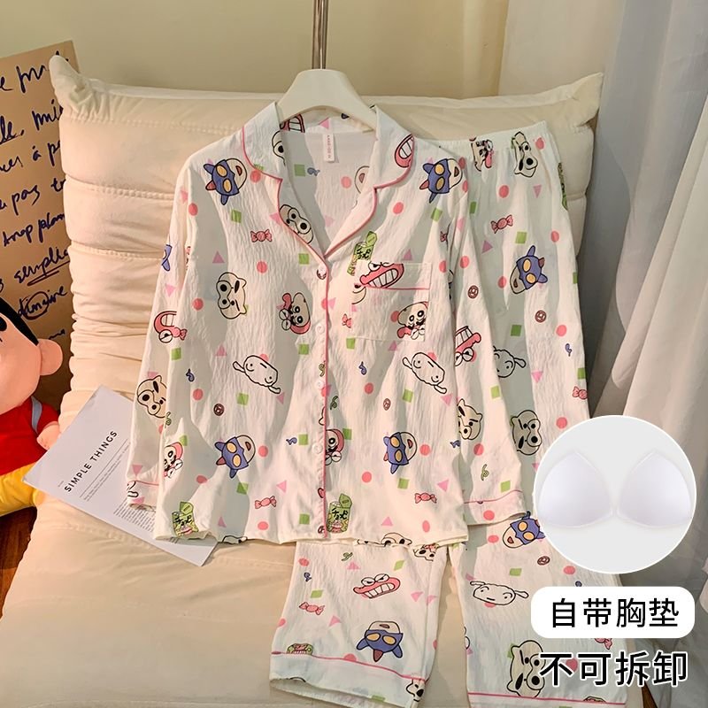 Vapetix M-XXL Women's Fall New Sleepwear Set with Bra Cup Knitted Cloud Cotton Cardigan Sweet Long Sleeve Homecom - 图片 5