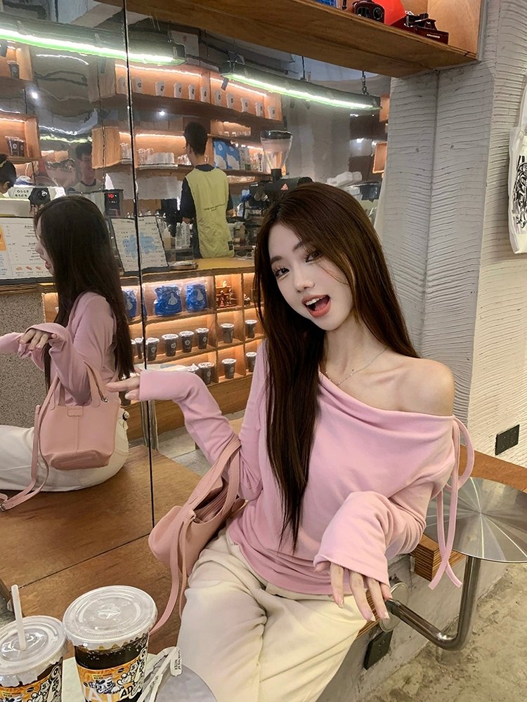 Vapetix S-XL Modest Cotton 260g Bowknot Strapped Off-the-Shoulder Long Sleeve T-shirt for Women - 2025 Autumn Ne – Bild 5