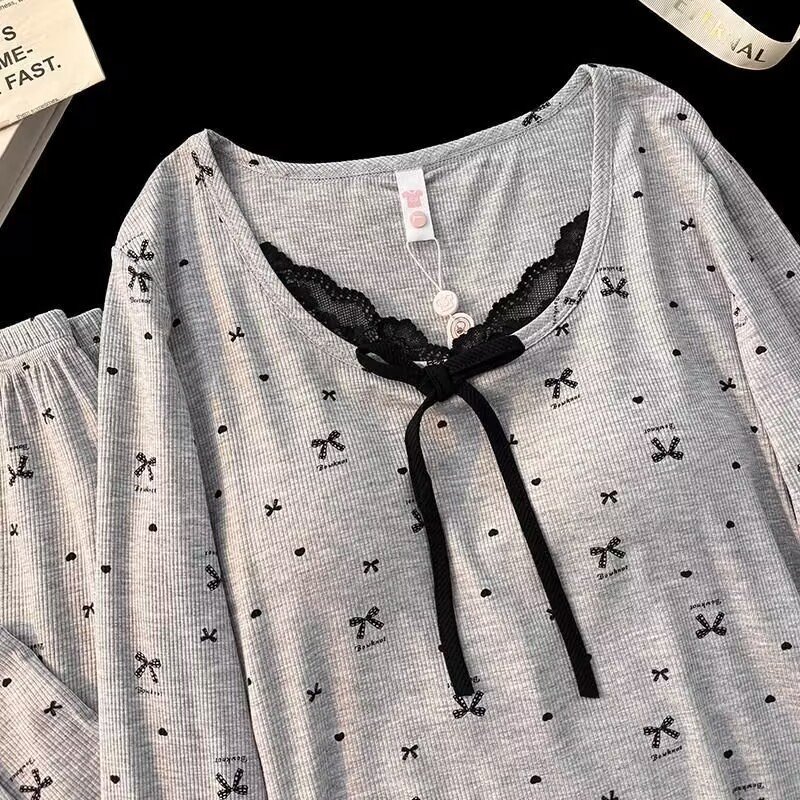 Vapetix M-XXL Spring and Autumn Floral Edge Butterfly Bow Blouse and Pants Set with Bralette for Women, Ice Silk